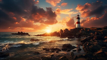 Lighthouse at sunset on the coast. AI Generative