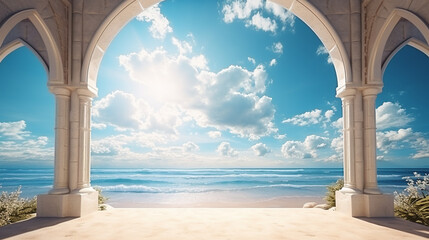 View of the beach through the arches of a beautiful villa. AI Generative.