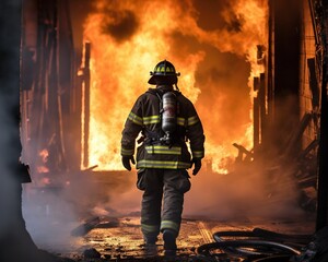 Obraz premium Firefighter works on fire while walking inside a burning building.