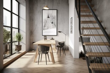 A white poster hangs on a light grey wall in a coworking office with a wooden table, light floor, dark stairway, and city view from the window. Generative AI