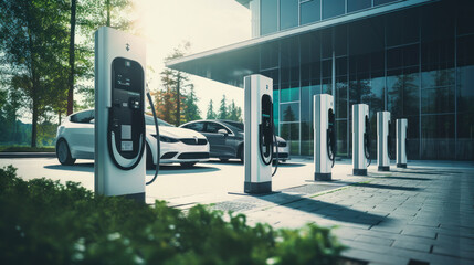 Electric vehicle charging station or electric vehicle charging stations with graphic display. Electric public charging powered by renewable clean energy. Concept of technology, ecology. - obrazy, fototapety, plakaty