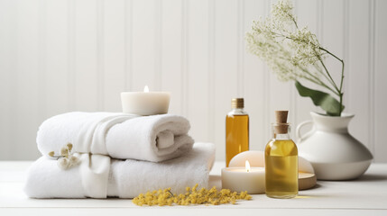 Spa center Towels with herbal bags and beauty treatment items