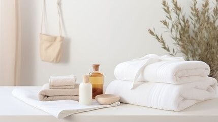 Spa center Towels with herbal bags and beauty treatment items