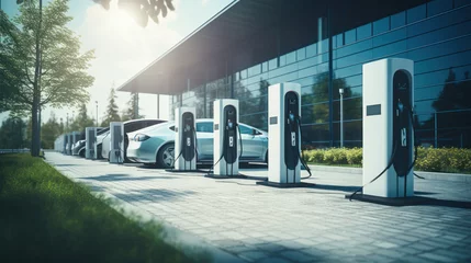 Fotobehang Electric vehicle charging station or electric vehicle charging stations with graphic display. Electric public charging powered by renewable clean energy. Concept of technology, ecology. © Alina Tymofieieva