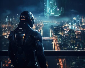 person wearing a cyber suit looks out of a window.