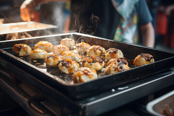 Naklejka premium Japanese food - Takoyaki in paper tray in busy street food market, close-up view