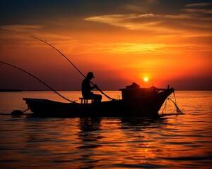 The fishing silhouette is sunset fishing.