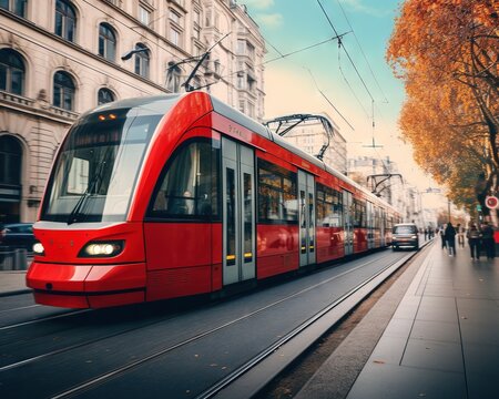 The tram is moving on the street.