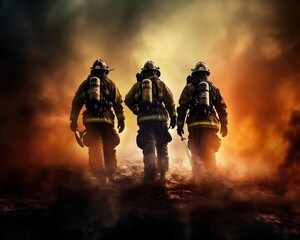 Obraz na płótnie Canvas Four firefighters are walking into fire.