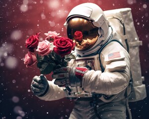 Space astronauts are holding flowers for a holiday.