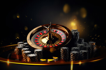 Beautiful casino background with roulette table and chips on dark background. Gambling theme with space for text or inscriptions.generative ai
 - obrazy, fototapety, plakaty