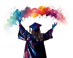 watercolor silhouette graduate student is drawn in a graduation cap and mantle.