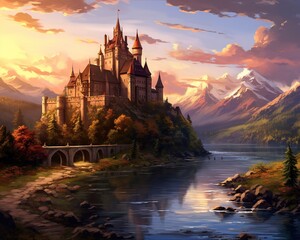 Obraz premium Castle by river at sunset is a nice landscape in the summer.