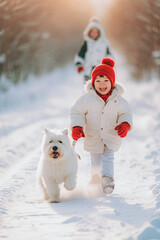 Happy boy and girl in warm clothing playing with white dog in winter park. Selective focus