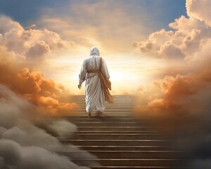 The person is dressed in robes and walking up a strway to heaven.