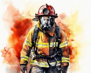 watercolor drawing of a firefighter in a fire fighter suit.