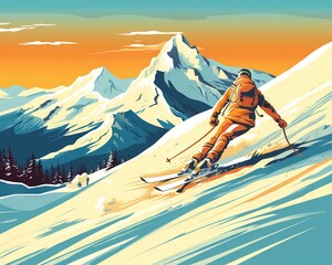 Skier slide down snowy mountn winter enjoy active pastime retro style.
