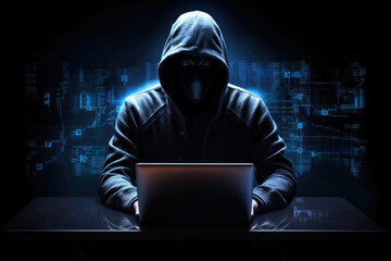 Hacker Committing Digital Cybercrime In Front Of Computer. Сoncept Cybersecurity Threats, Hacking Techniques, Digital Criminals, Online Fraud, Computer Security