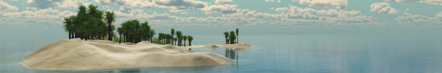 Fototapeta premium Beautiful beach with palm trees at sunset, panorama of a tropical landscape, sea sunset, 3d rendering