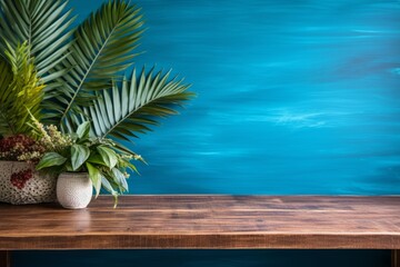 Organic skincare product display on wooden counter table with blue texture wallpaper background