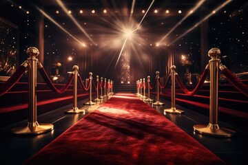Glittering Red Carpet Leading To Velvet Stage, Cheering Crowd - obrazy, fototapety, plakaty