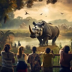 Tourists watching a rhino from an elephant in Nepal - obrazy, fototapety, plakaty