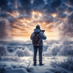 A photographer with camera enjoying snowy nature - obrazy, fototapety, plakaty