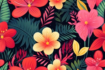 stylized multicolored background with lush tropical flowers, seamless