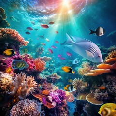 Tropical Fishes near Colorful Coral Reef - obrazy, fototapety, plakaty