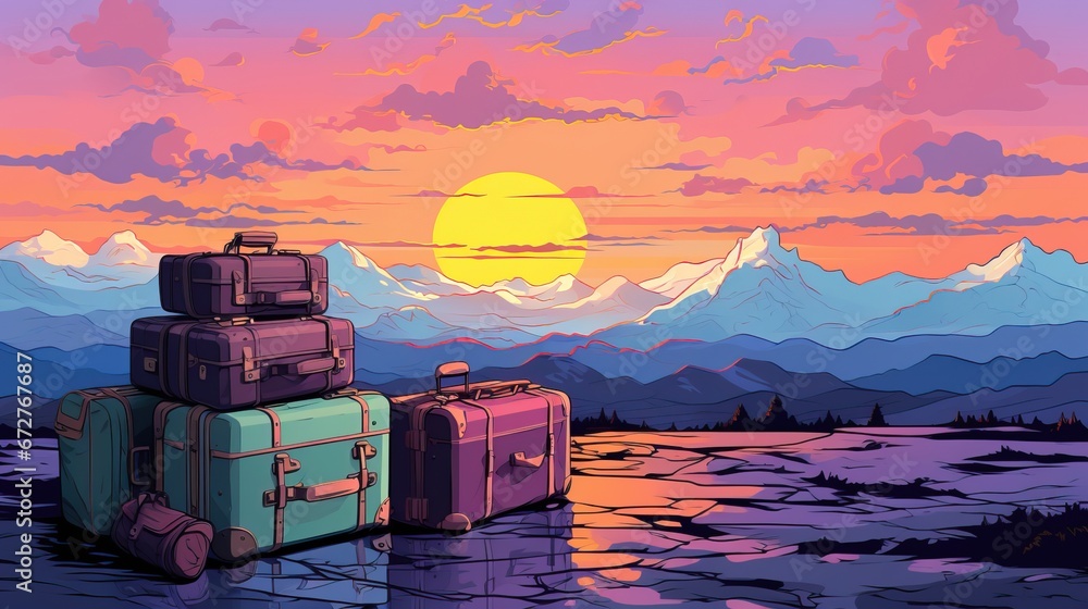 Canvas Prints a group of luggage on a rocky surface with mountains in the background