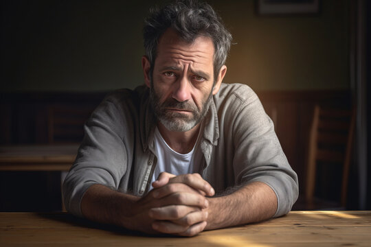 A desperate and saddened man sitting and looking straight at the camera.generative ai
