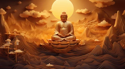Fototapete Rund golden buddha meditating under the moon © Kien