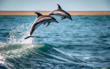 a pod of dolphins leaping out of the crystal-clear waters of the ocean. - obrazy, fototapety, plakaty