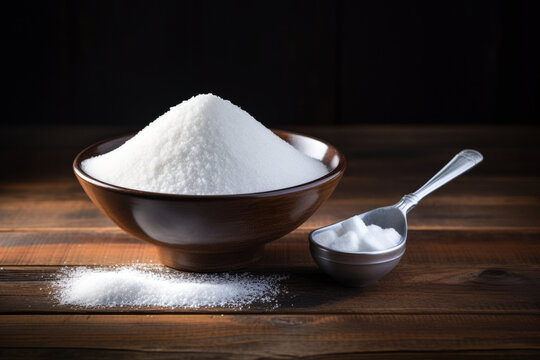 A bowl full of sugar and a spoon next to it on a dark background, close up view.generative ai