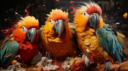 AI generated illustration of three exotic, vibrant parrots
