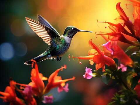 Colorful photo of a glittering hummingbird with gold throat hovering underneath a Monkeybrush flower