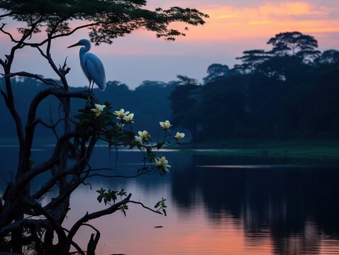 picturesque egret overseeing Tissa Lake in dusk, Sri Lanka