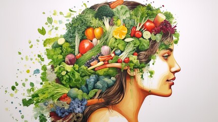 Poster. Modern Art. Portrait of a woman with dreams of healthy food in curly hair decorated with vegetables, berries, and greens. The concept of art, inspiration, fantasy. Generative AI.