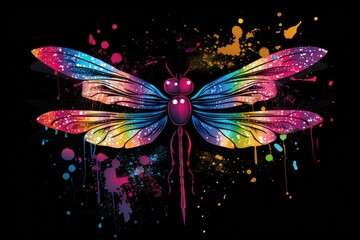 Fototapeta na wymiar Cute adorable gentle dragonfly animal. Black background, colorful animal paintings, t-shirt print patterns, textures. Generative AI