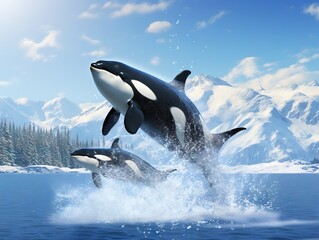 Obraz premium KILLER WHALE orcinus orca, PAIR LEAPING, CANADA
