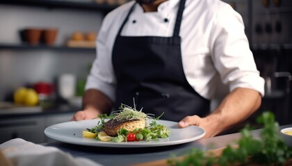 Obraz na płótnie Canvas Food stylist meticulously decorating delectable meal for elegant restaurant presentation
