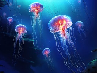 Blue jellyfish world - obrazy, fototapety, plakaty