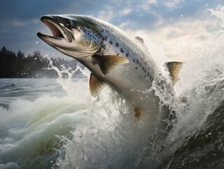 Jumping Atlantic Salmon - obrazy, fototapety, plakaty