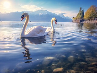 The swan and his lake - obrazy, fototapety, plakaty