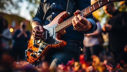 Obraz premium Live concert performance with music band on stage and blurred background featuring guitarist