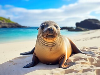Fototapeta premium Sea Lion in sand lying on beach Galapagos Islands - Cute adorable Animals