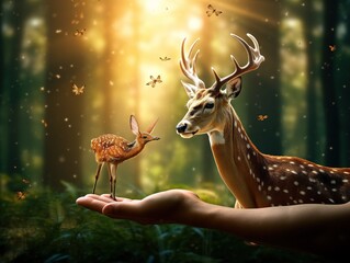 Concept Nature reserve conserve Wildlife reserve tiger Deer Global warming Food Loaf Ecology hands protecting the wild and