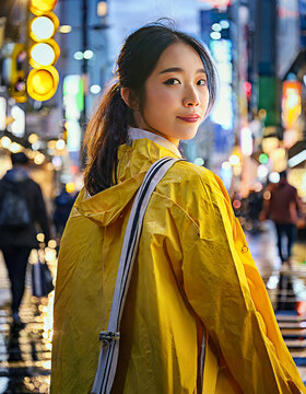 JAPANESE GIRL ON THE STREET WITH RAINCOAT