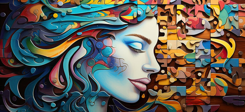 the head of the person is divided by a colorful puzzle piece