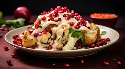 Roasted Cauliflower with Garlic Tahini Sauce and Pomegranate